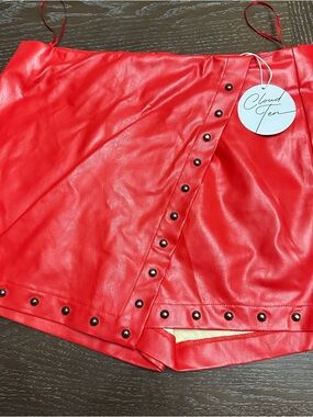 Cloud Ten Red High-Waist Vegan Leather Shorts with Stud Trim